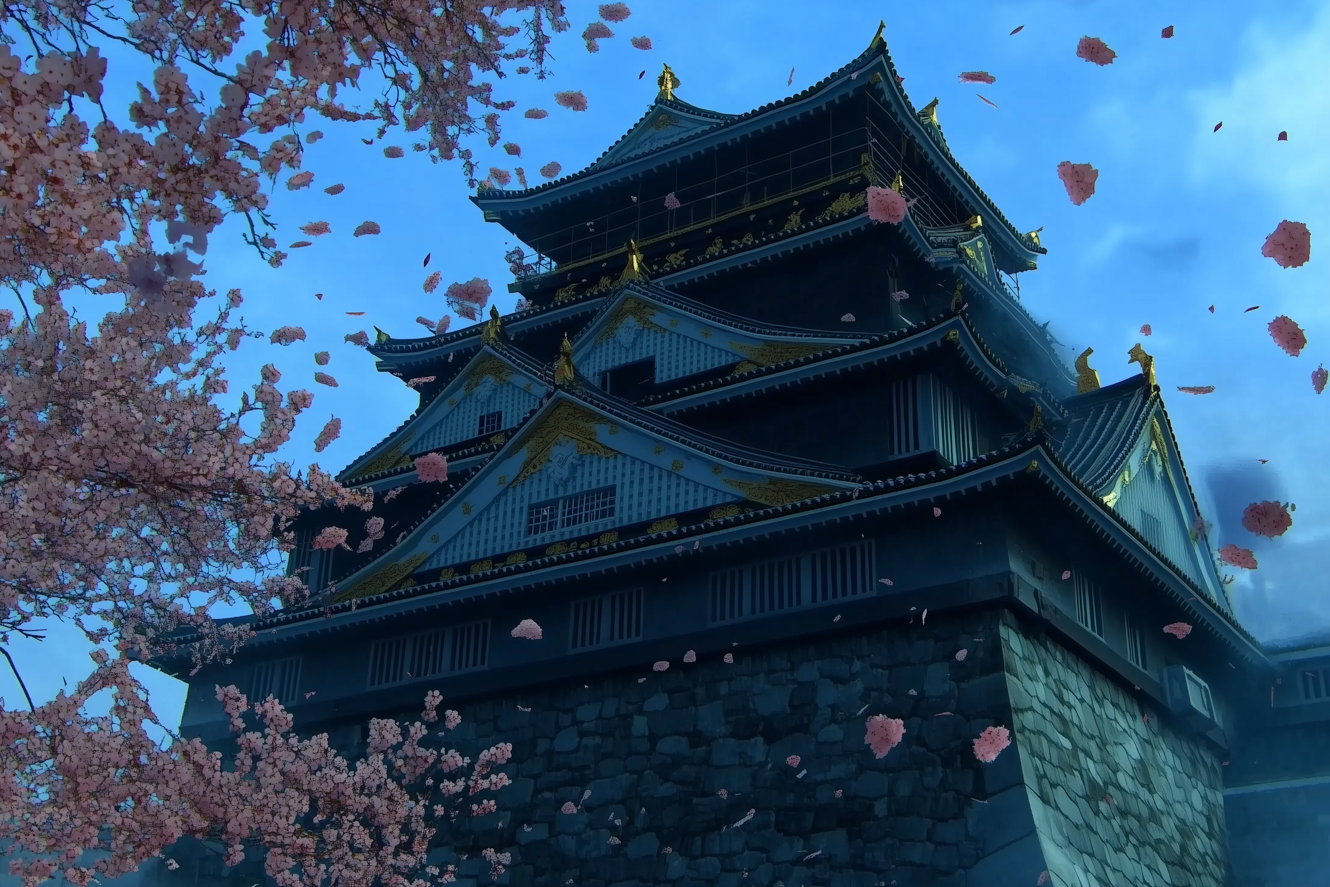 A traditional Japanese castle with its majestic architecture, surrounded by blooming cherry blossoms in spring