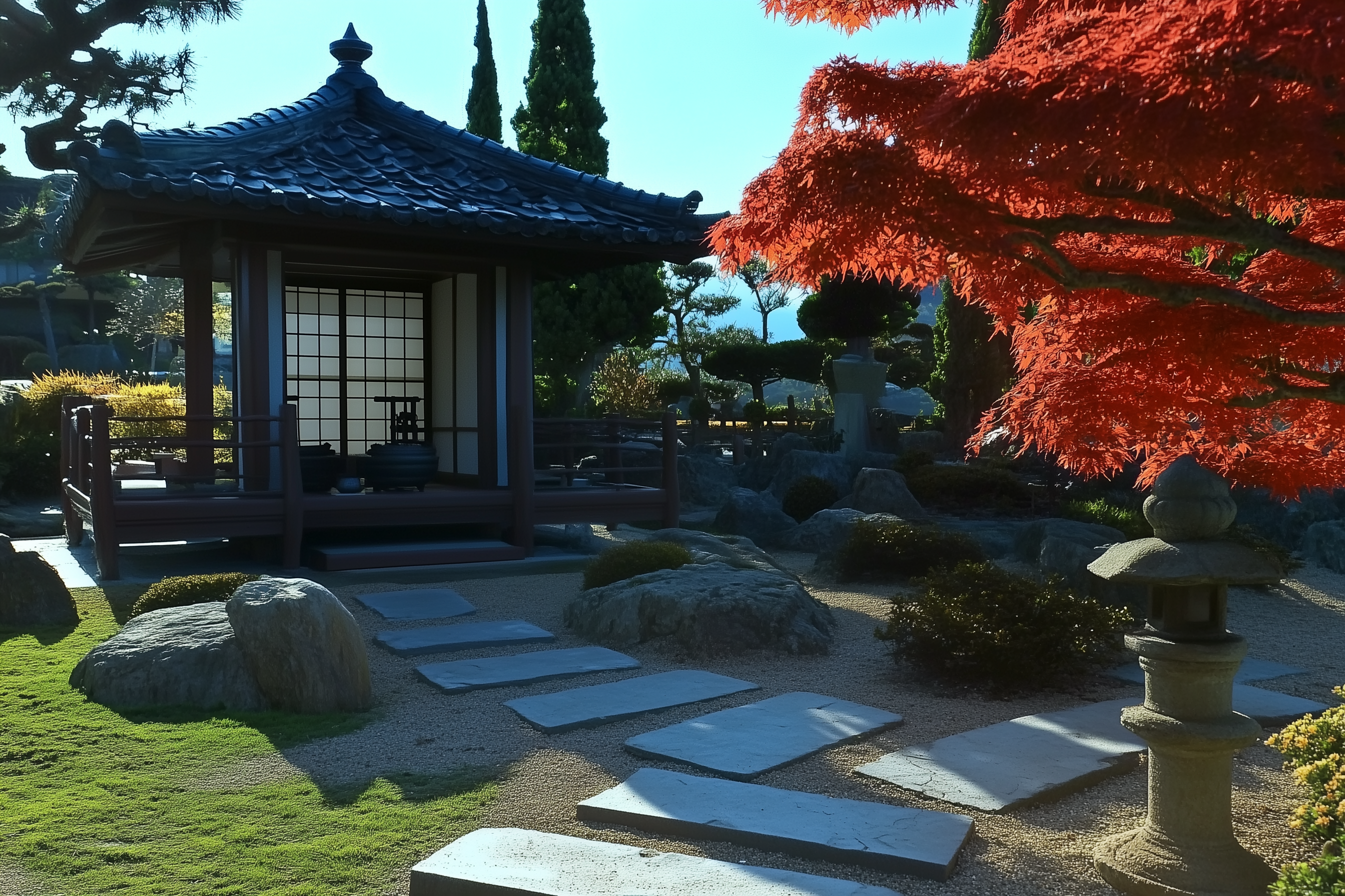 A serene Japanese garden featuring a traditional tea ceremony pavilion surrounded by carefully manicured landscapes