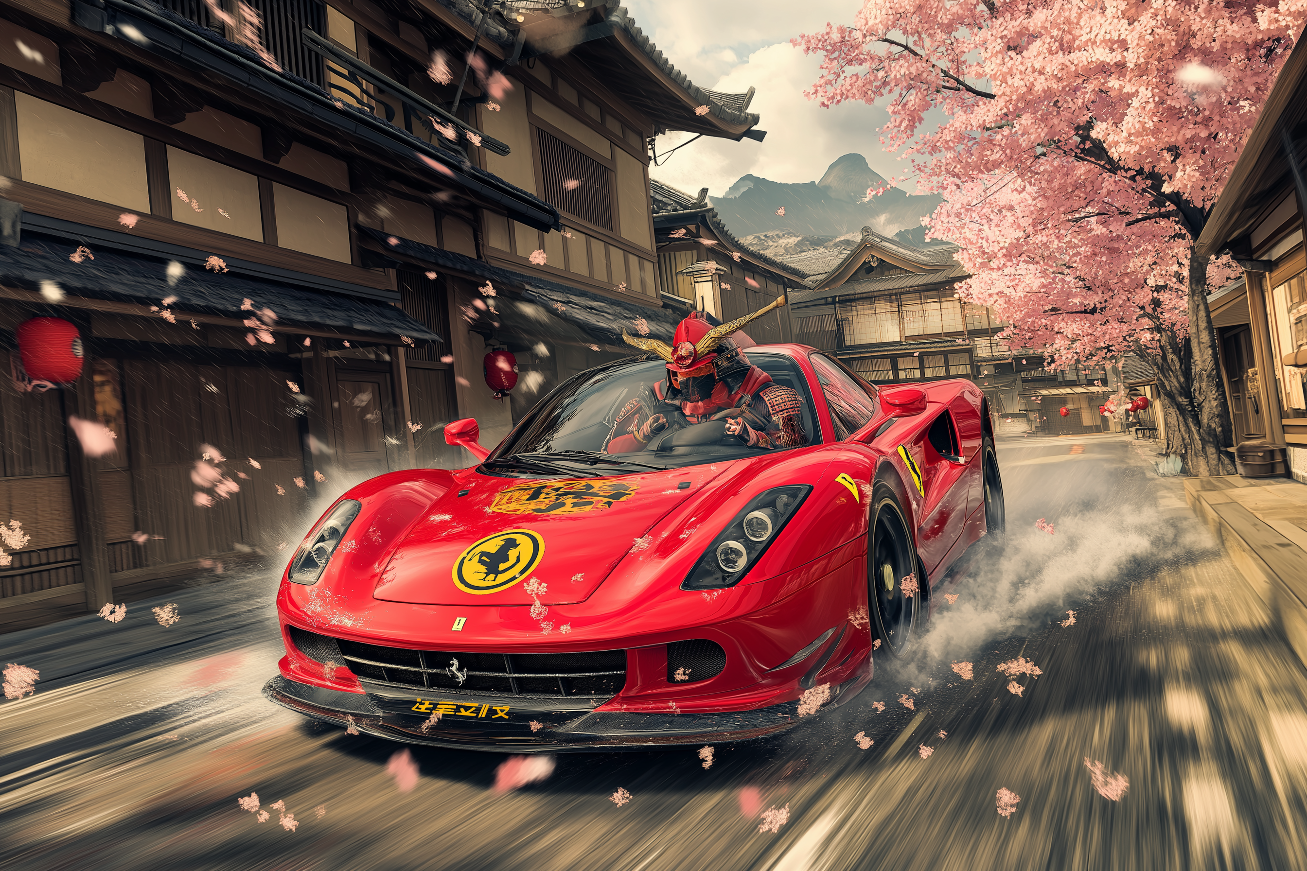 Yasuke arriving in a time-traveling Ferrari in Feudal Japan