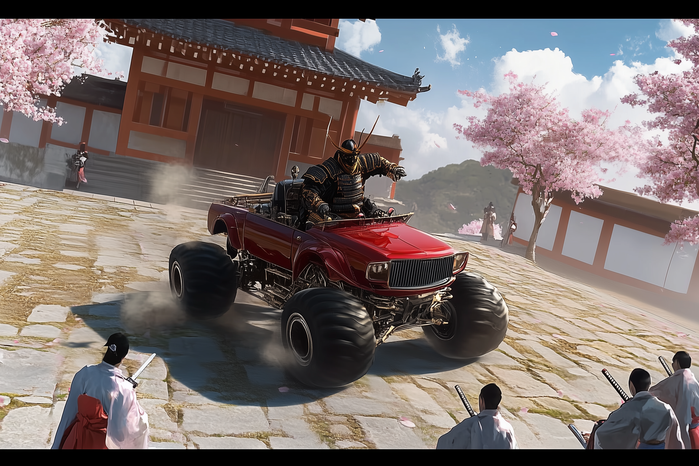 Yasuke on a Feudal Japan monster truck tour with massive destruction