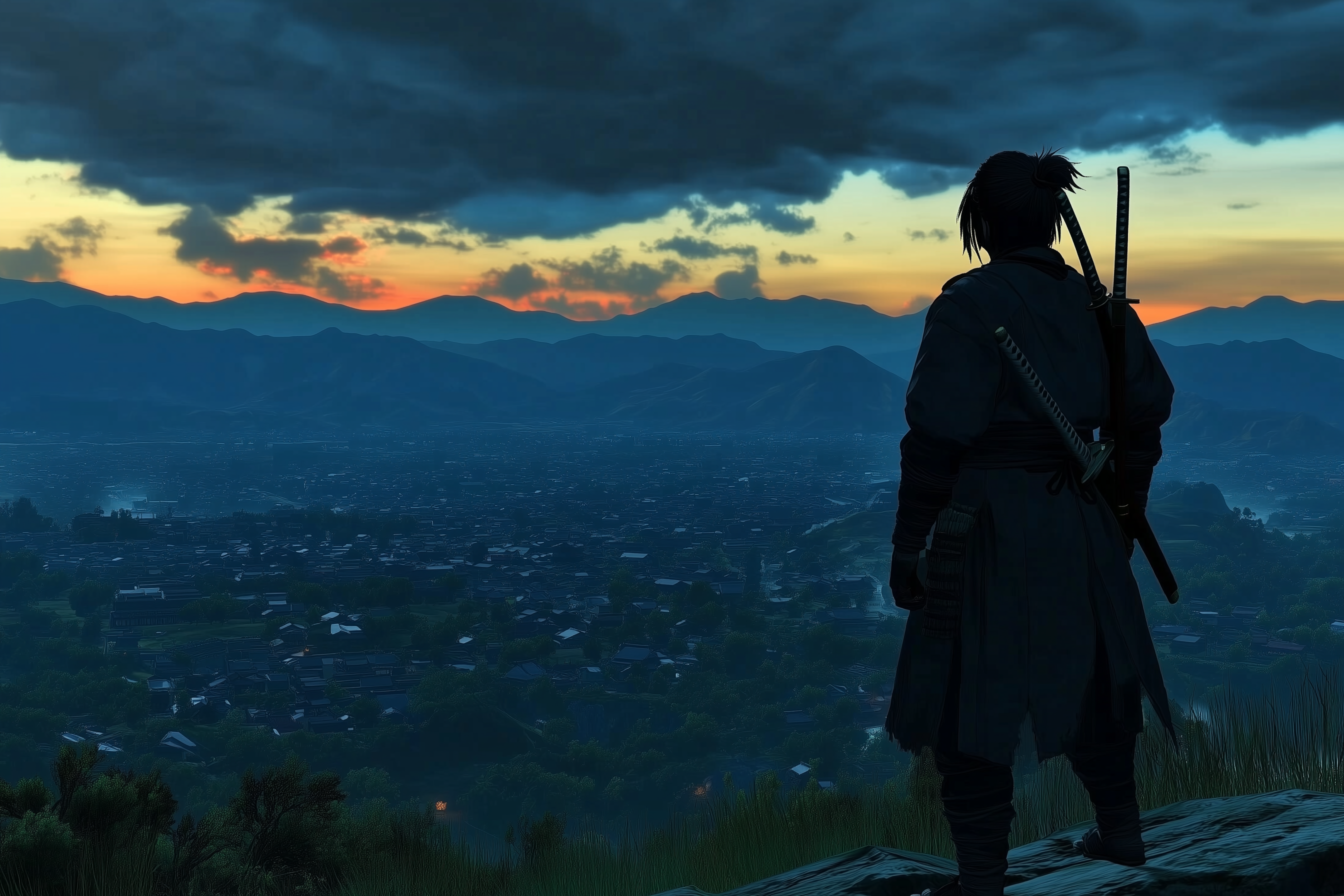 Yasuke standing on a hilltop at sunset, overlooking a vast Japanese countryside with mountains and traditional villages in the distance