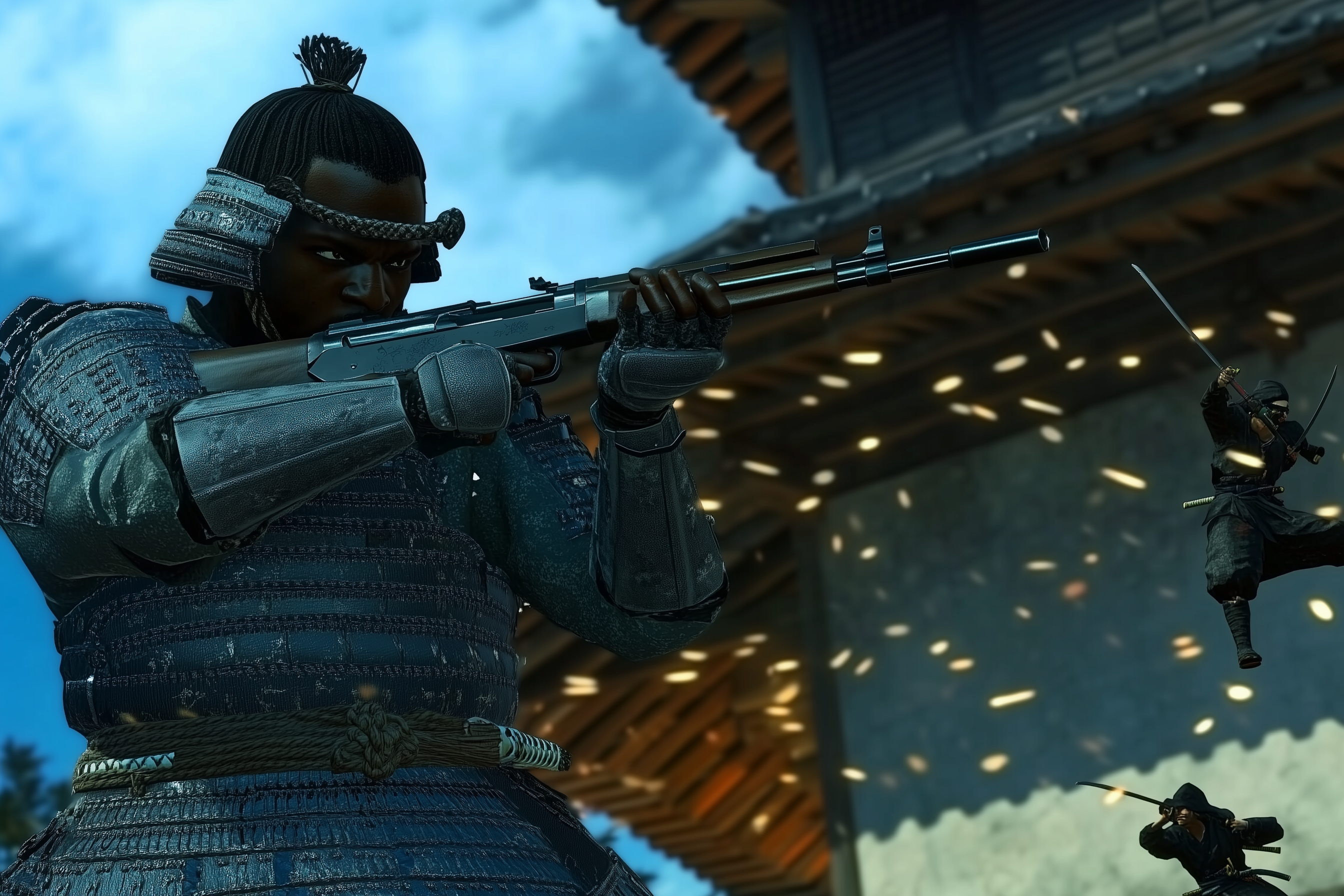 Yasuke blasting ninjas with an AK-47 in a funny scene