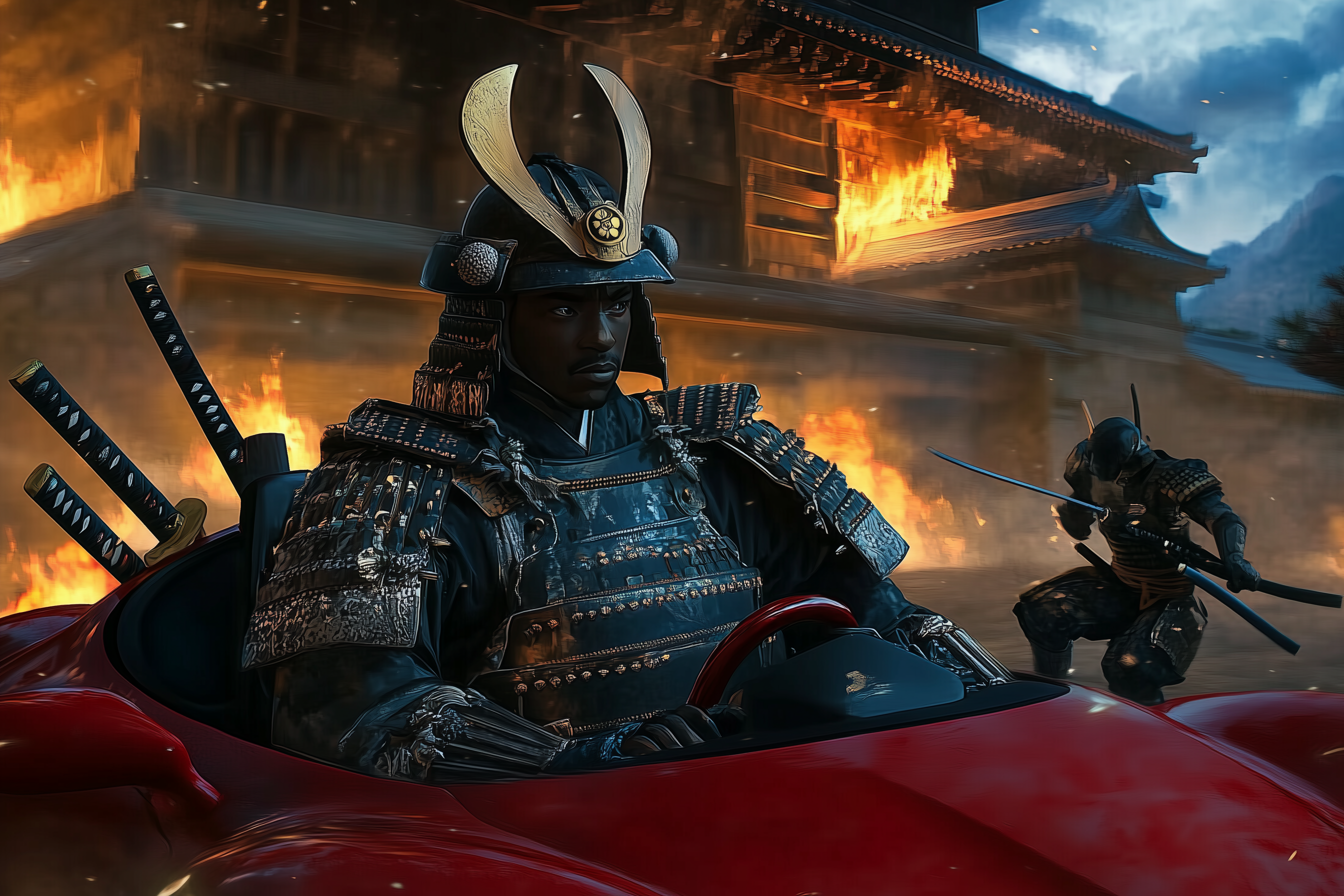 Yasuke driving a sports car on a Feudal battlefield